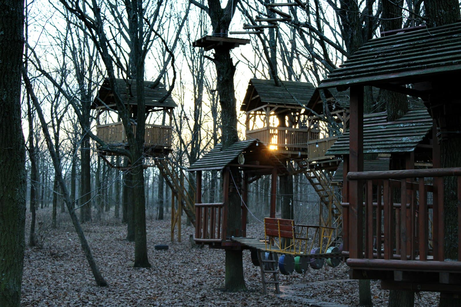 Treehouse silhouette overlooking the beach at sunset